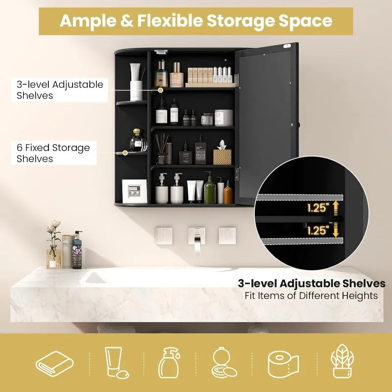 Tangkula Bathroom Medicine Cabinet with Mirror, Wall Mounted Home Storage with Door & 6 Open Shelves, (Black)