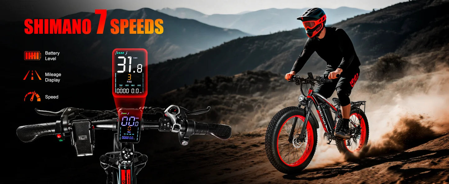 Electric Bike Adults 1500W Peak Motor 34Mph Electric Bicycle 26" Fat Tire Mountain Bike 60Mile Range 48V 15AH Electric Dirt Bike