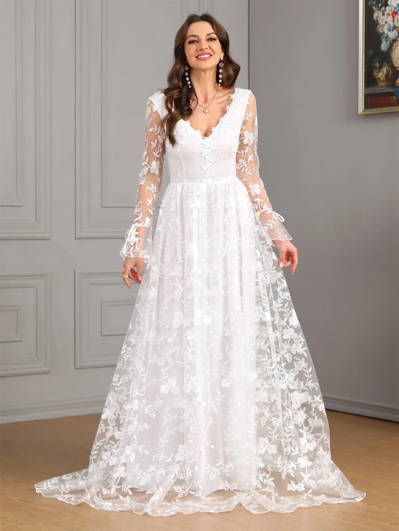Ladies New Elegant Wedding Dress Autumn Long Sleeve Solid Color High end Wedding Dress Festival Party Evening Dress