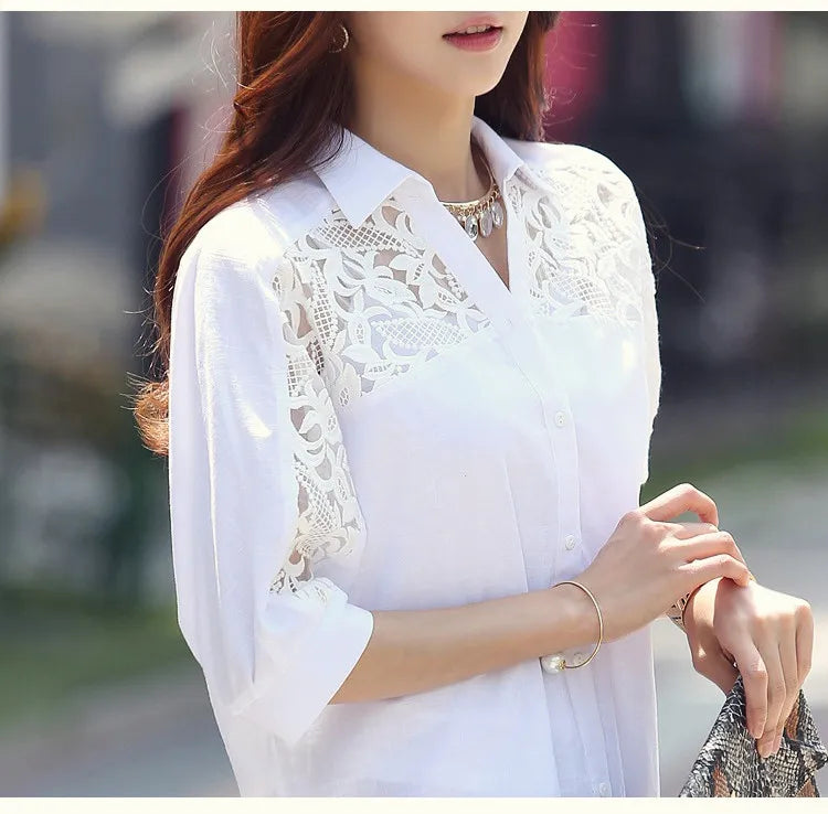 Sexy Lace Patchwork White Chiffon Button Up Shirt for Women Summer Casual Simple Loose Half Sleeve Ladies Tops Blouses Clothing
