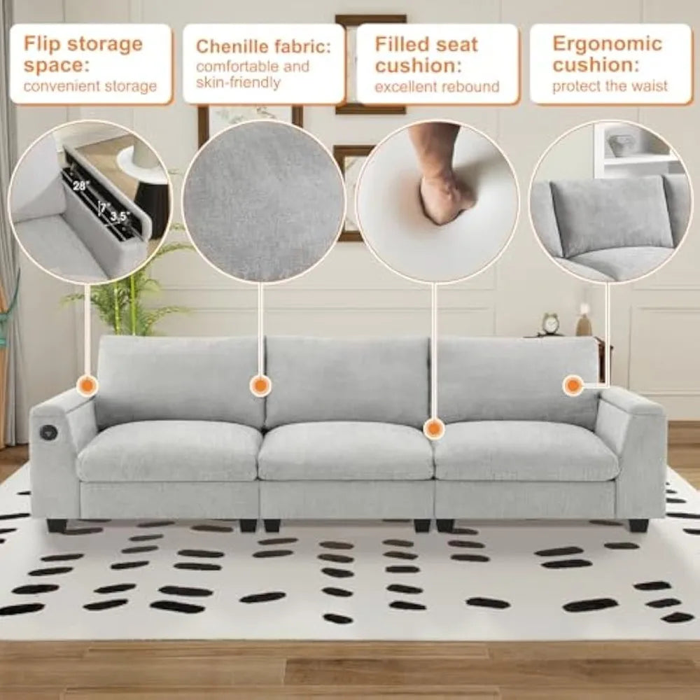 96'' Sectional Sofa with Bluetooth Speaker, with Drop-Down Table, USB Charger, Storage Armrest, Comfortable Cloud Couch