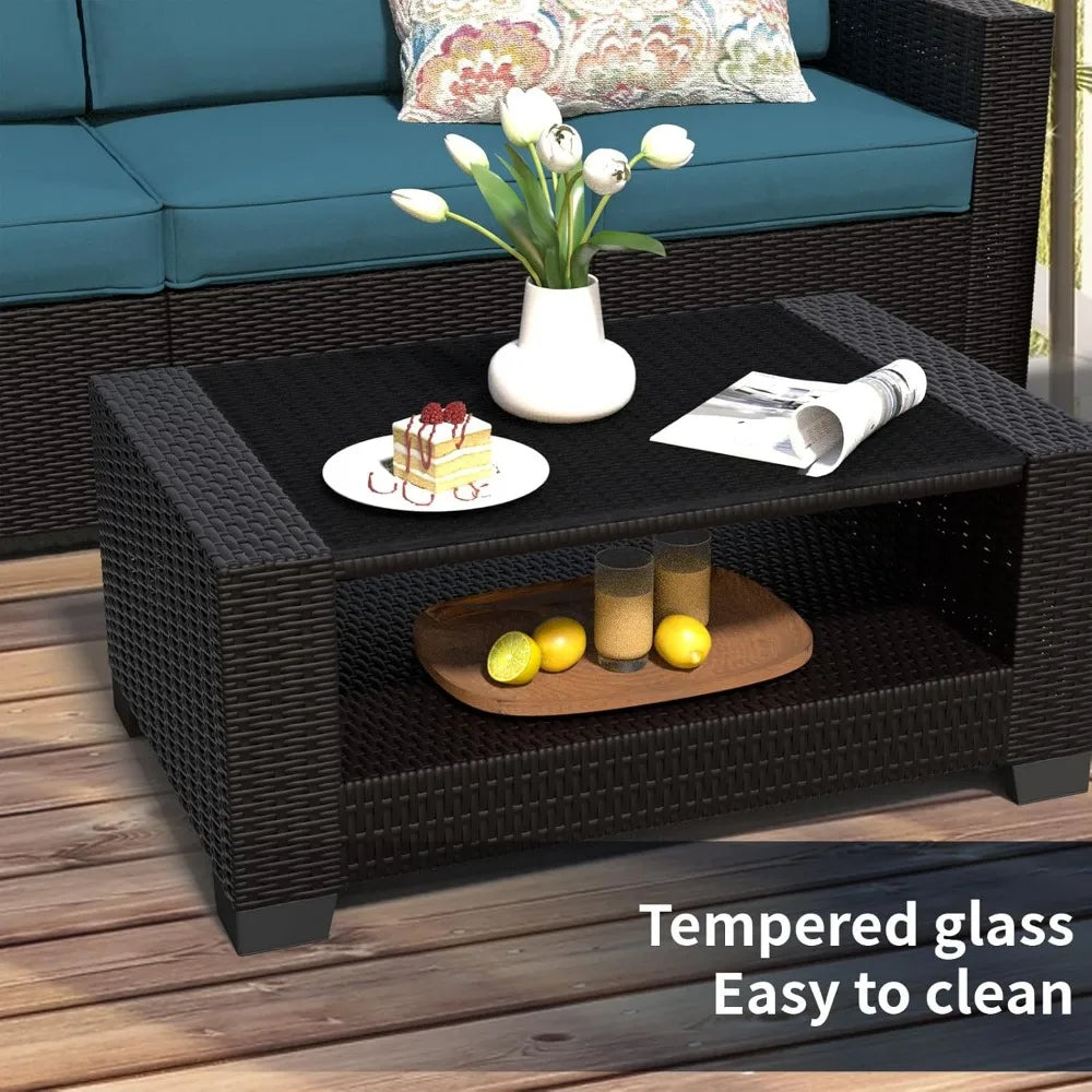 7 Piece Patio Furniture Set, Wicker Outdoor Sectional Sofa with Washable Cushion Covers and Tempered Glass Table, Rattan Convers