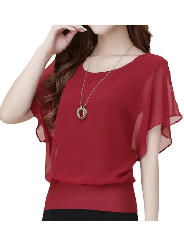 New Summer O Neck Short Sleeve Loose Fashion Chiffon Shirt For Women Top Black Casual Shirts Women Clothes 2025