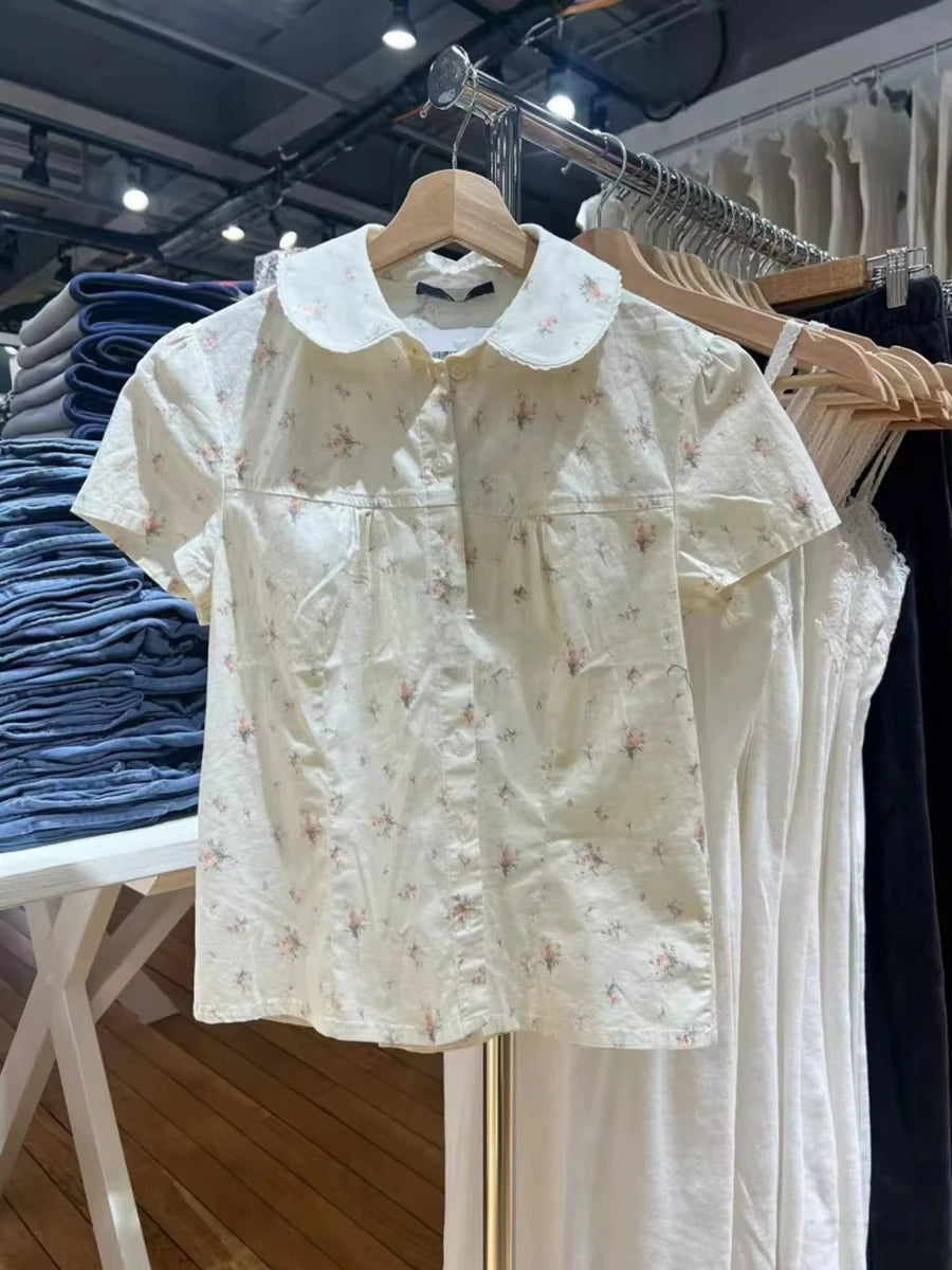 Blue Striped Short Sleeve Blouse Women Summer Peter Pan Collar Single Breasted Top Shirt Preppy Style Sweet Blouses Y2k 2025 New