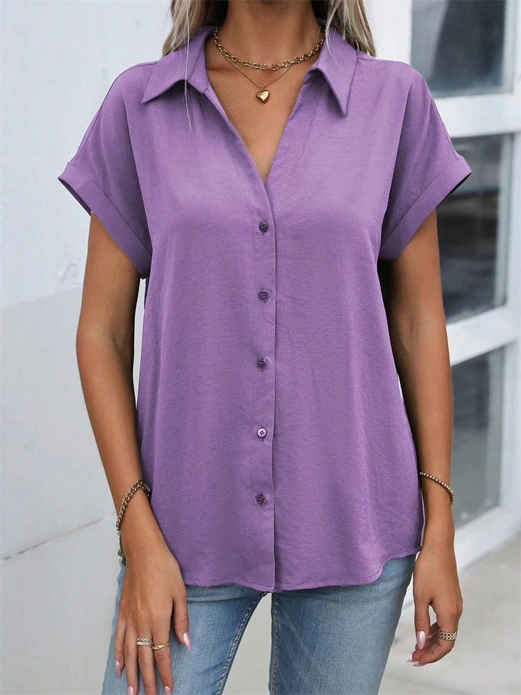 Classic Solid Color Short-sleeved Shirt Women's Summer New Casual Wind Tie Buckle Slim Short-sleeved Shirt Flip Collar Blouse
