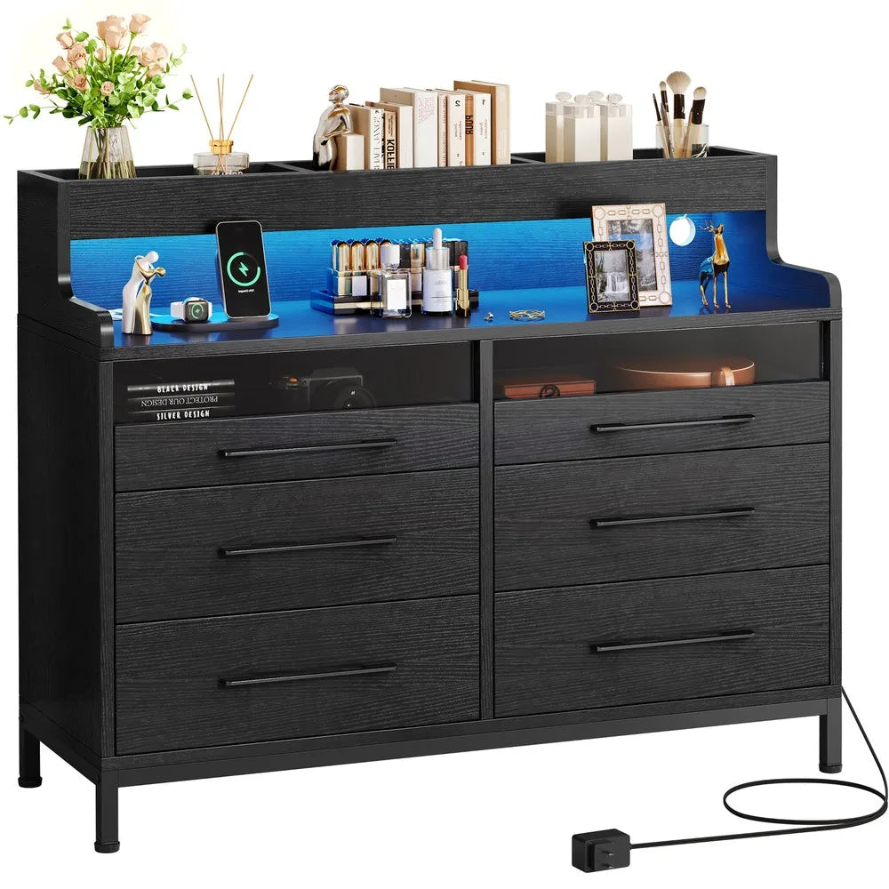 LED Dresser with 6-Drawer Bedroom Chest of Drawers File Cabinet w/Open Shelves