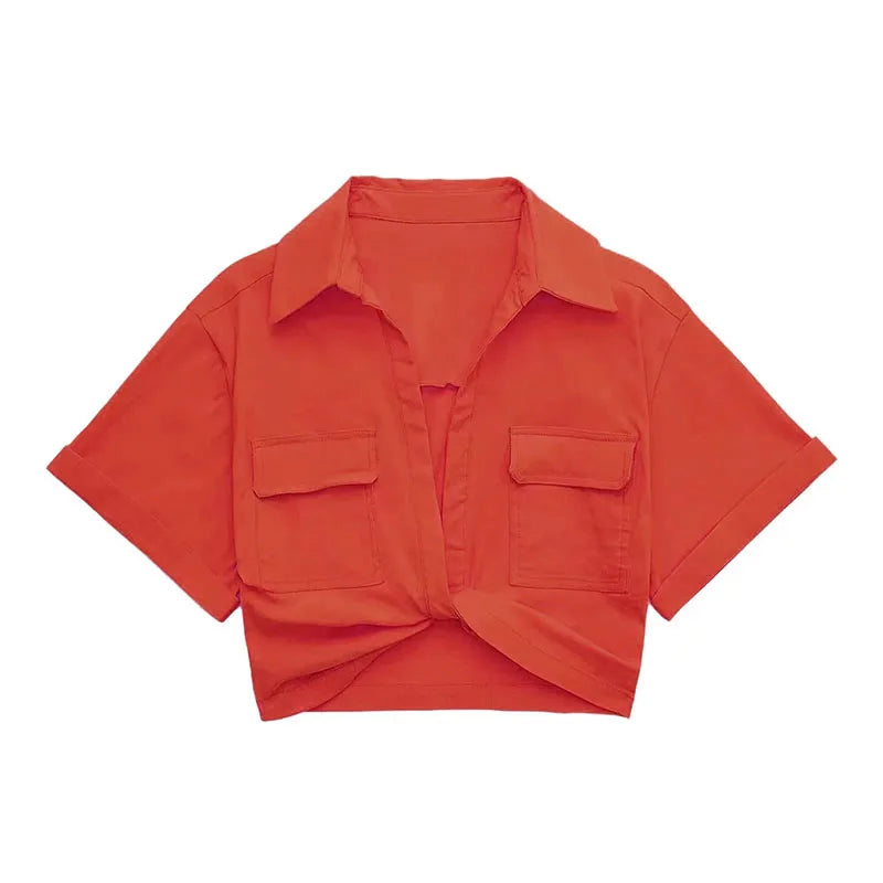 Women Safari Style Pockets Patch Knotted Linen Short Smock Blouse Lady Chic Kimono Cropped Shirt Blusas Tops