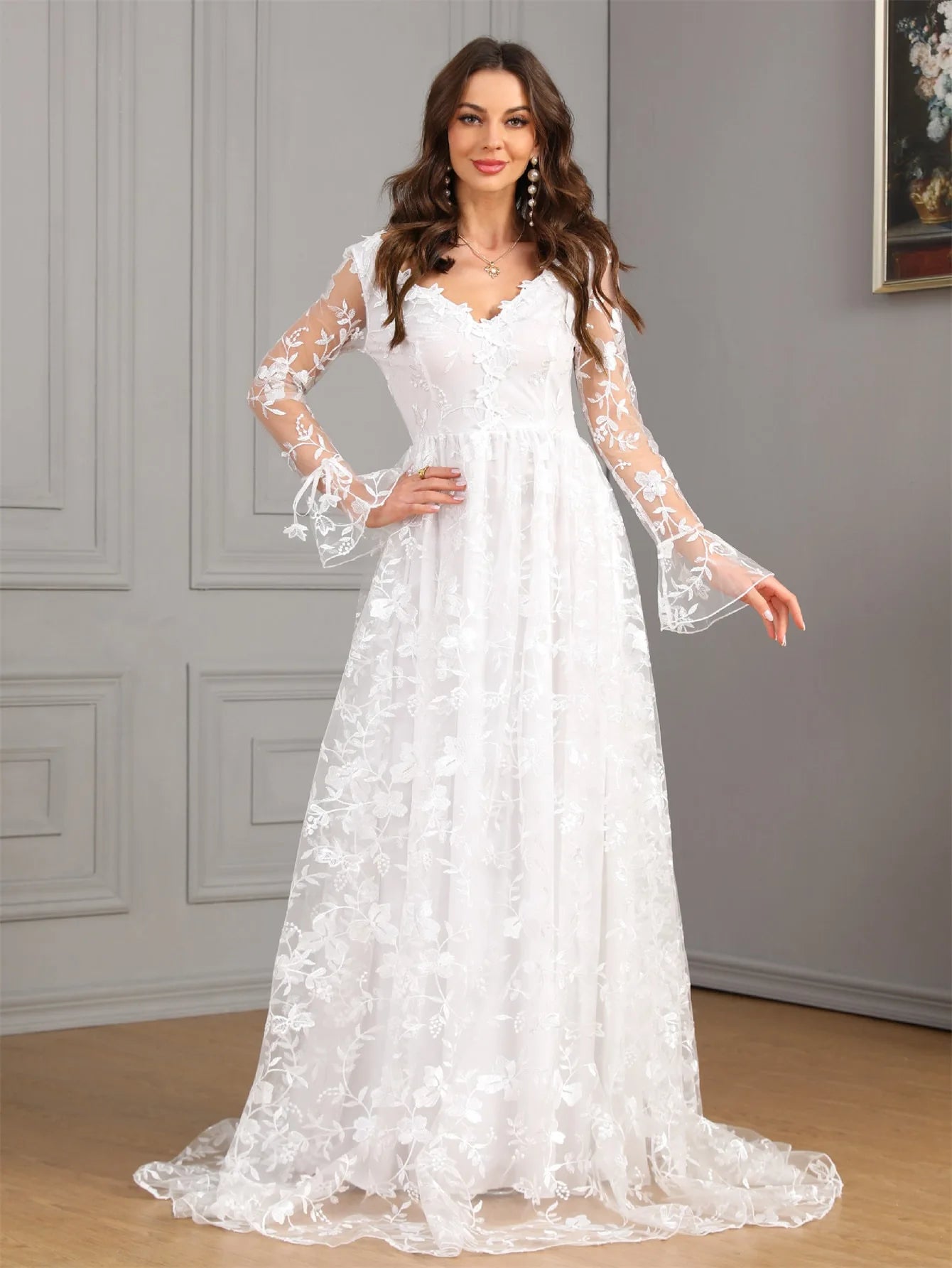 Ladies New Elegant Wedding Dress Autumn Long Sleeve Solid Color High end Wedding Dress Festival Party Evening Dress