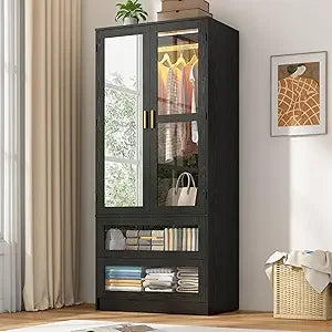 2 Doors Armoire Wardrobe Closet with LED and Mirror,71" H Freestanding Wooden Wardrobe Closet Cabinet for Bedroom w 2 Drawers,Wo