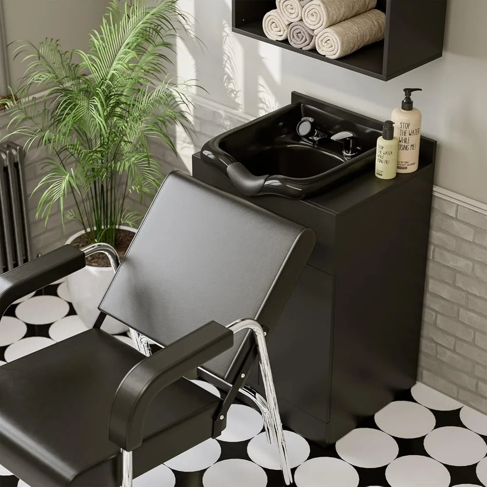 Black Shampoo Cabinet Station for Salon, Salon Backwash Station with Shampoo Bowl, Suitable Height Match with Shampoo Chair