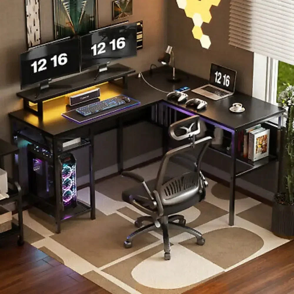 L-shaped computer desk with lighting in more than 60, 000 colors, unique grid back plate and grid bookshelves