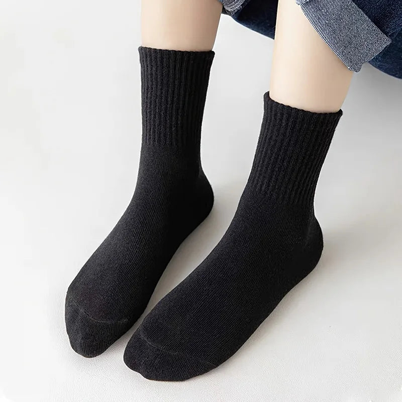 5-piece set of children's black and white solid color mid-calf socks - breathable polyester blend, ribbed texture, comfortable f