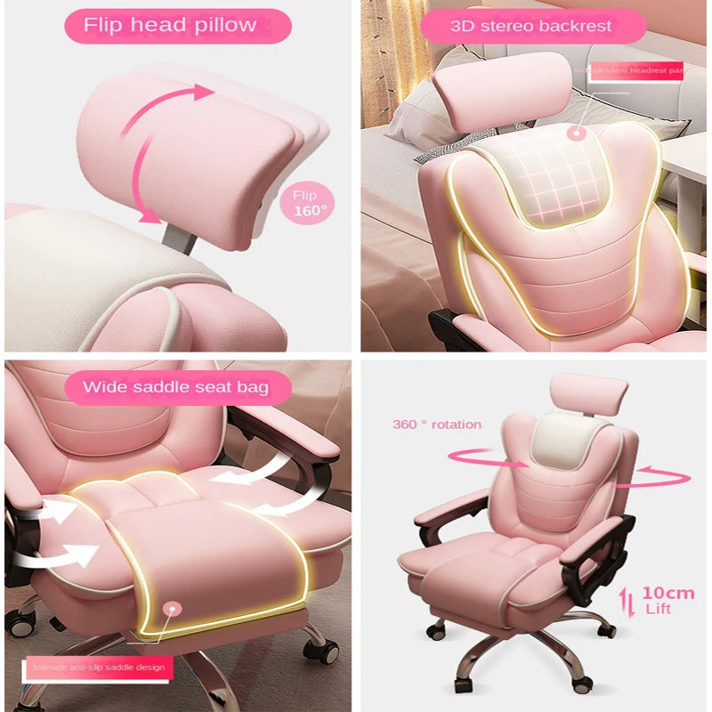 Pink Gaming Chair for Girls Home Computer Office Chair Comfortable Pink PU Leater Bedroom Sofa Reclining Writing Desk Chairs