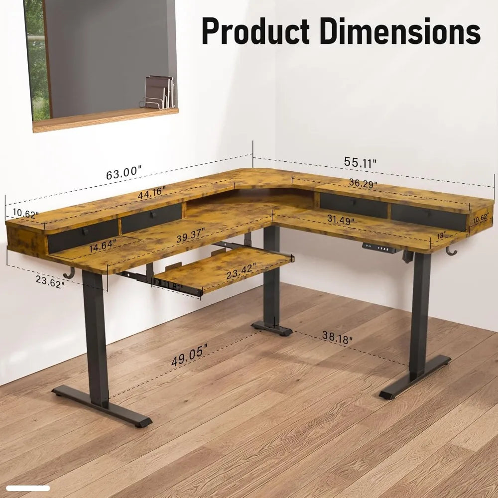 L Shaped Standing Desk with USB Charging Port & 4 Drawers,63 x 55 inch Electric Adjustable Height Corner Stand Up Desk with Keyb