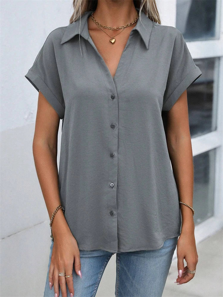 Classic Solid Color Short-sleeved Shirt Women's Summer New Casual Wind Tie Buckle Slim Short-sleeved Shirt Flip Collar Blouse