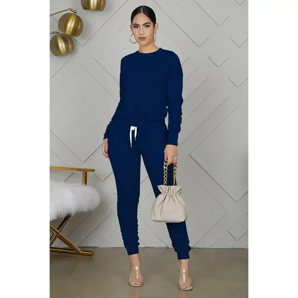 New round Neck Long Sleeve Slim Fit Warm Top Elastic Waistband Lace-up Trousers Simple Solid Color Sports Two-Piece Set