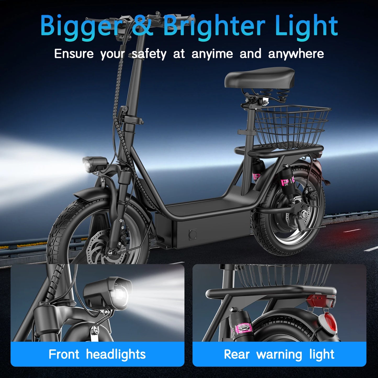 Foldable Electric Scooter with Basket for Adults, 500W Motor, Full Suspension, Motor Escooter Suitable for Commutting Travel
