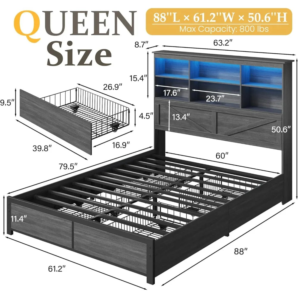 HISOFT Queen Bed Frame with Headboard, Queen Bed Frame with High Storage Bookcase, 4 Storage Drawers & LED & Charging Station,No