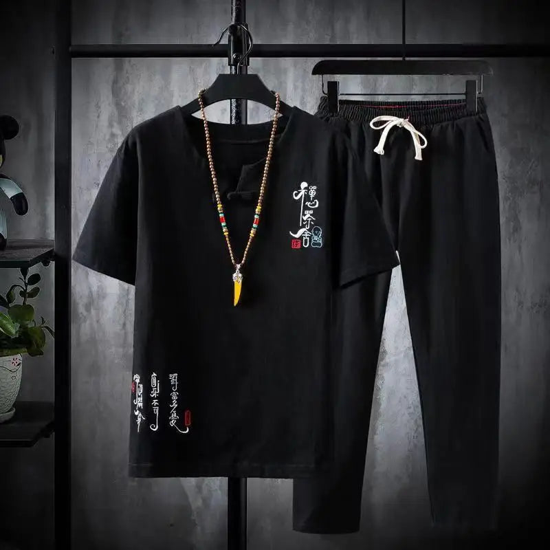 (Shirt + trousers)2025 summer Chinese Style men shirt Cotton and linen shirts men's High quality casual shirts Two Piece M-5XL