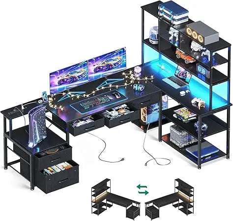 79 inch L Shaped Desk with File Drawers, Reversible L Shaped Gaming Desk with Power Outlets & LED Lights, Computer Desk with St