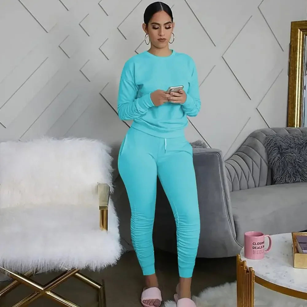 New round Neck Long Sleeve Slim Fit Warm Top Elastic Waistband Lace-up Trousers Simple Solid Color Sports Two-Piece Set