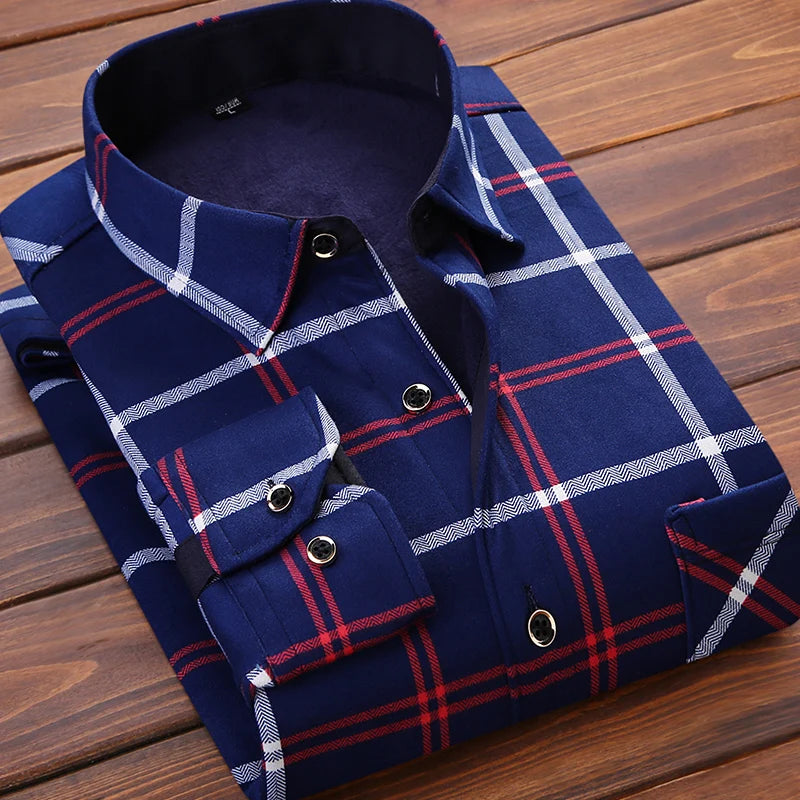 2025 Men's Autumn Winter Thick Warm Long Sleeve Plaid Shirt