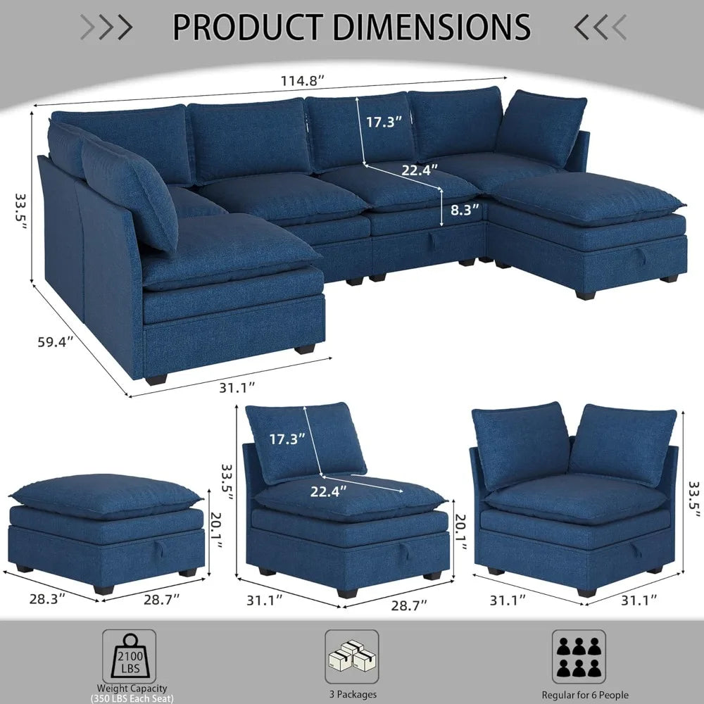 115'' Large Couches with Storage Seats for Living Room, U Shaped Sectional Sofa Couch Set, 6 Pieces Comfy Convertible Sofa Couch