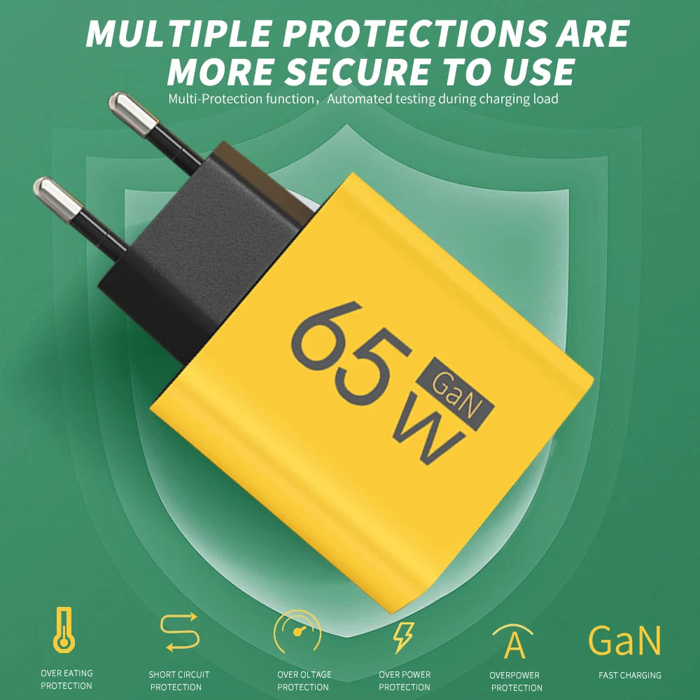GaN 65W USB C Charger 3 Port PD Quick Charge Wall Plug Adapter For iPhone 15 14 Samsung Xiaomi Huawei EU US Travel Fast Charger