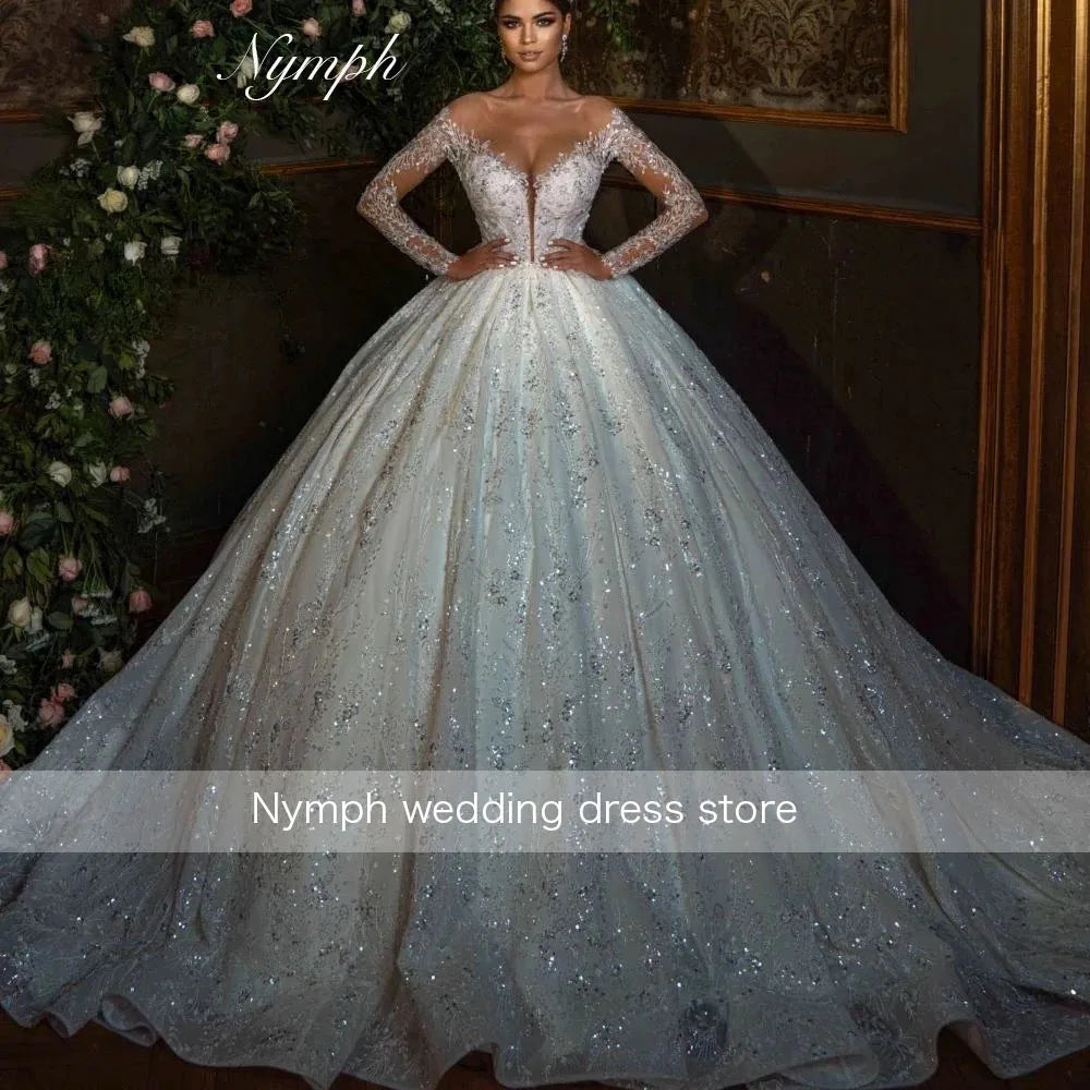 Customized Ball Gown Lace Wedding Dresses Princess Beaded Full Sleeves Bridal Dress Sweep Train Customized