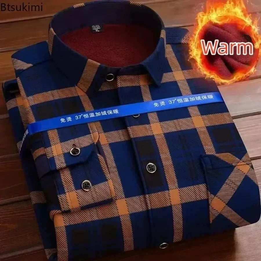 2025 Men's Autumn Winter Thick Warm Long Sleeve Plaid Shirt