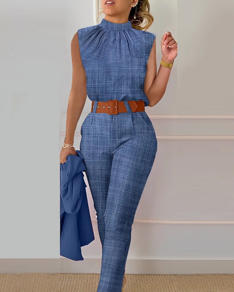 Women's Two Piece Set O Neck Sleeveless Top Pencil Pants Fashion Print With Belt Blouses Tank 2 Piece Set Female Women Clothing