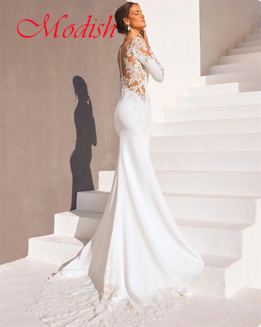 Customized Pure White Jersey Wedding Dress Delicate V-neck Long Sleeves Robe de mariée Classic Buttons Back Vestido De Novia