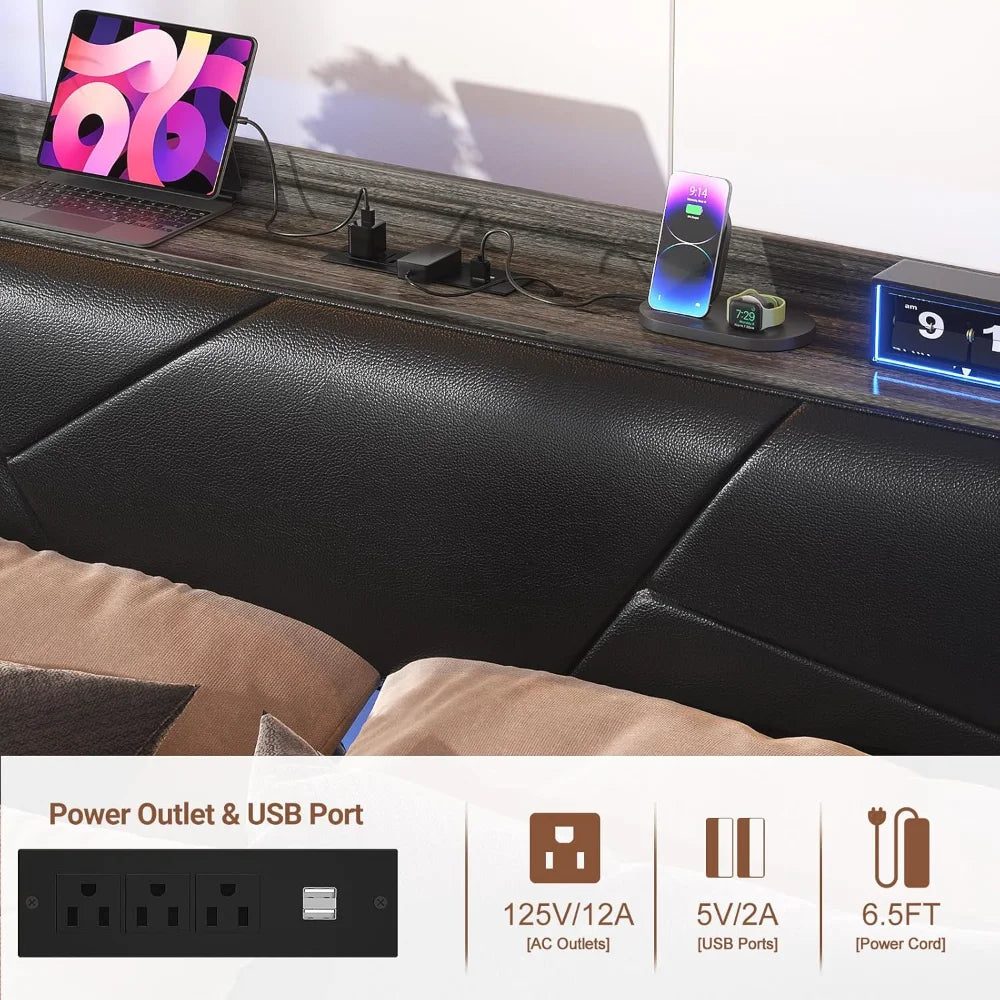 LED King Size Bed Frame with Charging Outlets & Sturdy Bed W/Upholstered Headboard, Heavy Duty Metal Slats, No Box Spring Needed