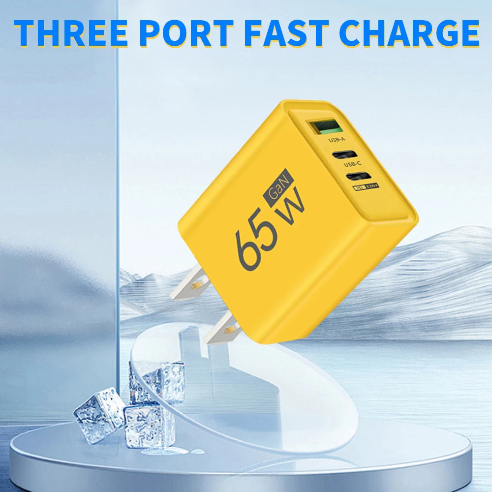 GaN 65W USB C Charger 3 Port PD Quick Charge Wall Plug Adapter For iPhone 15 14 Samsung Xiaomi Huawei EU US Travel Fast Charger