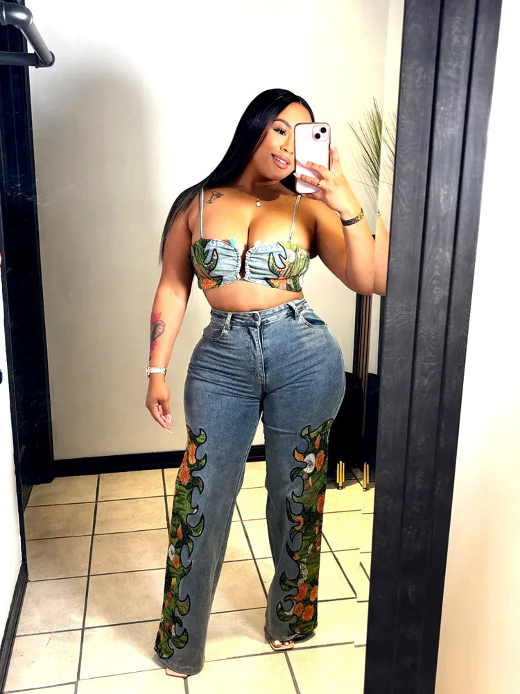 Sexy Denim Woman Set Fashion Floral Printed Crop Top and Wide Leg Jeans Pants Suit 2025 Street Wear Two 2 Piece Sets Outfits