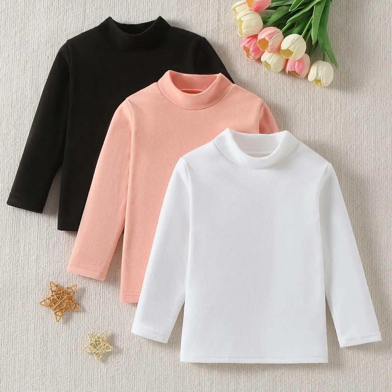2/3piece Boys' Autumn And Winter Solid Color Casual Warm Half High Neck Base Shirt Girls' Simple And Versatile Thick Fashion Top