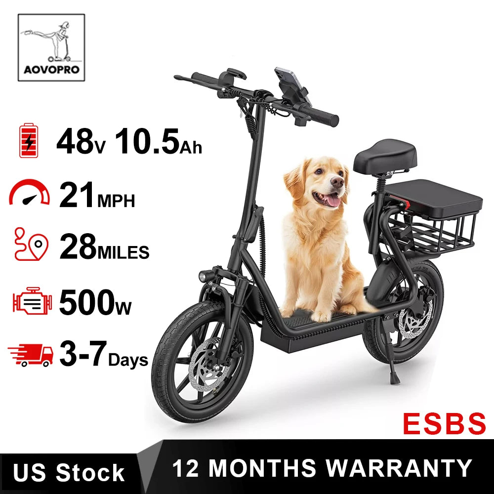 AOVOPRO 500W 14inch Electric Bicycle 10.4AH Battery 28Miles Max Range 22MPH Max Speed Shock Absorption Foldable Adult Ebike