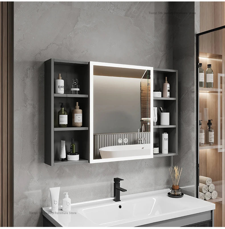 Space Aluminum Bathroom Mirror Wall-mounted Make Up Vanity Storage Mirror Cabinet Shelves Home Furniture Muebles Bano FYBC