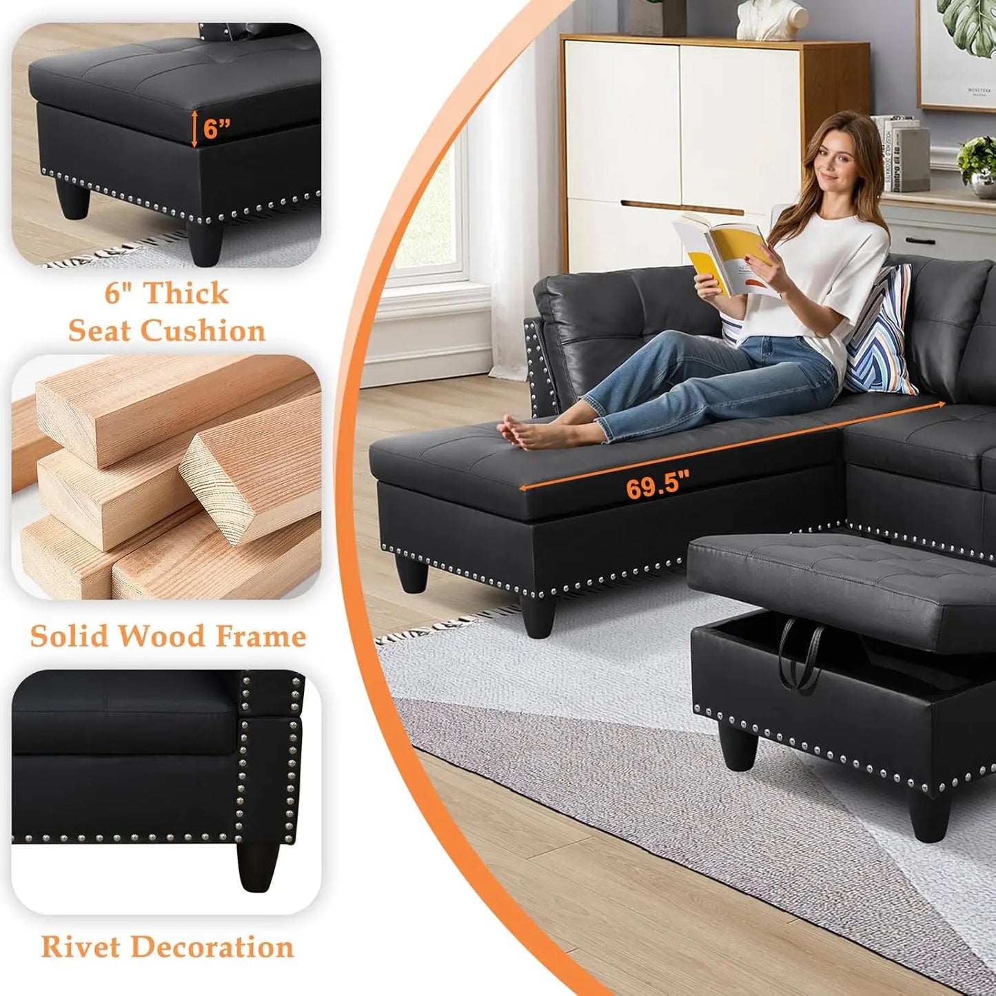 Sectional Sofa Couch, Modern 4-Seaters Living Room Furniture Sets with Chaise Lounge, Ottoman & 2 Pillows | L Shape Couch