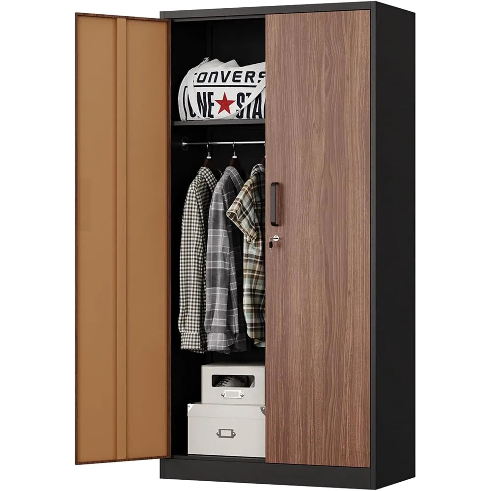 Metal Wardrobe Cabinet with Locking Doors, Metal Storage Armoire Closet for Clothing, 2 Door Woodgrain Locker Cabinet with Adju