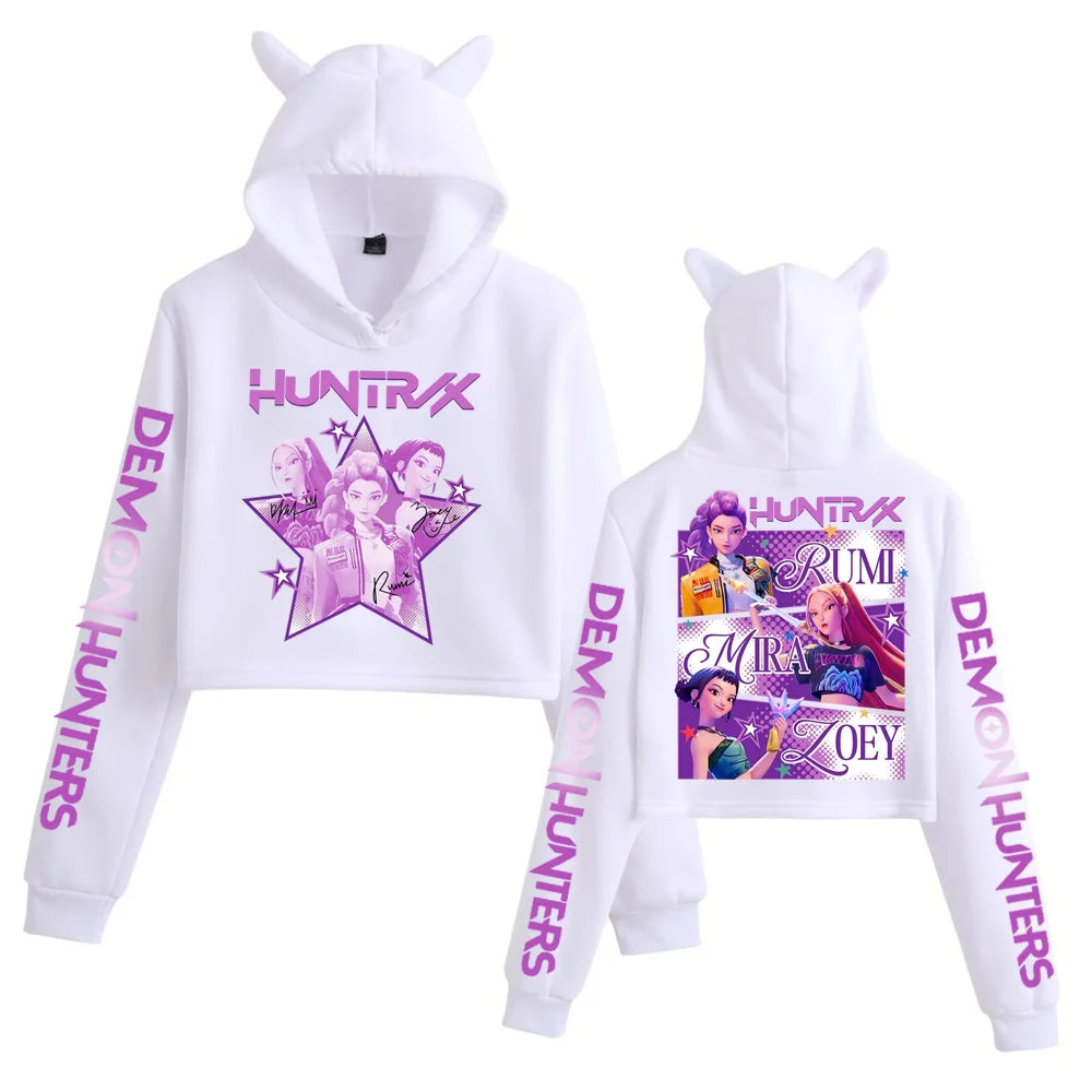 Kpop Demon Hunters Fanmerch Mira Rumi Zoey Huntrix Crop Tops Cat Ears Sweatshirt Long Sleeve Girls Fashion Hoodie