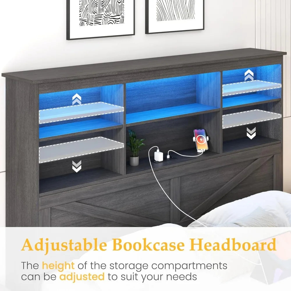 HISOFT Queen Bed Frame with Headboard, Queen Bed Frame with High Storage Bookcase, 4 Storage Drawers & LED & Charging Station,No