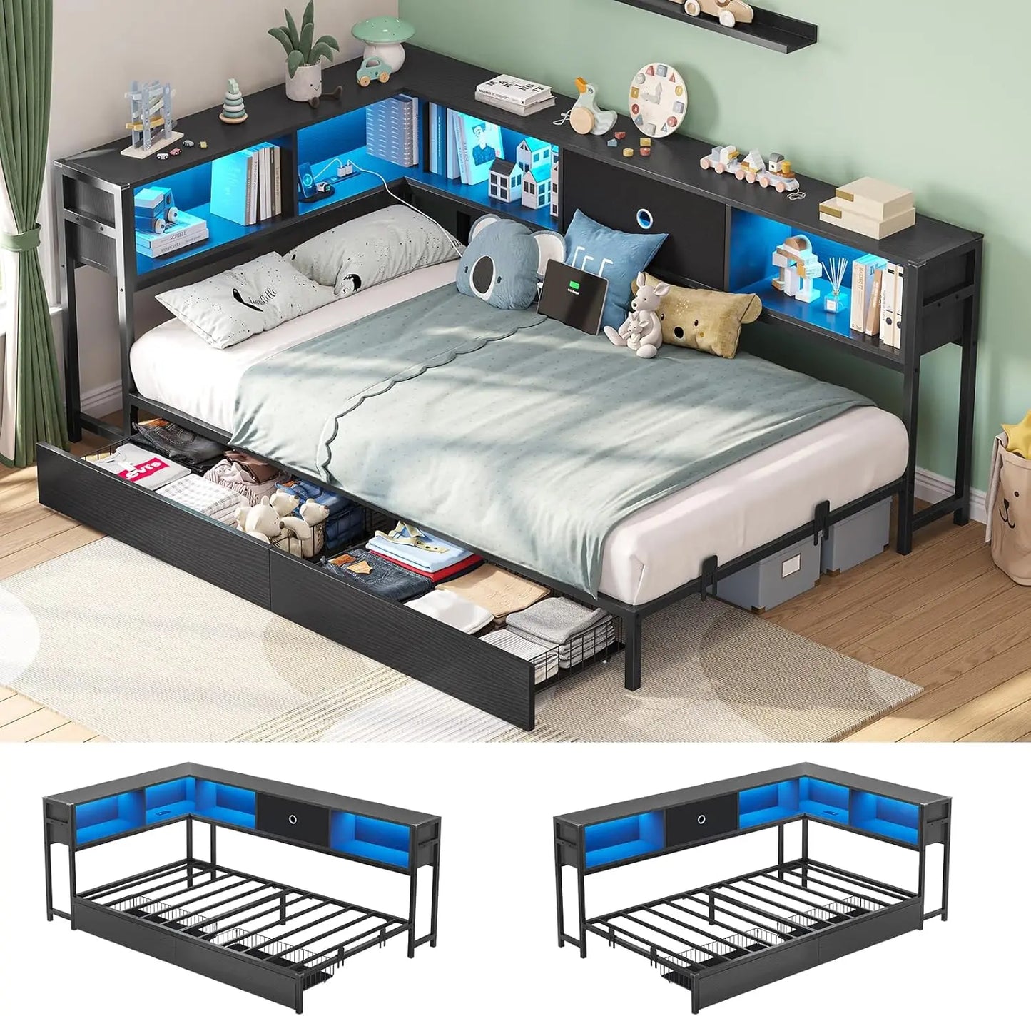Hasuit Corner Bed Frame with Storage Bookcase, Twin Daybed with Storage Drawers Underneath, Kids Bed Unit with Charging