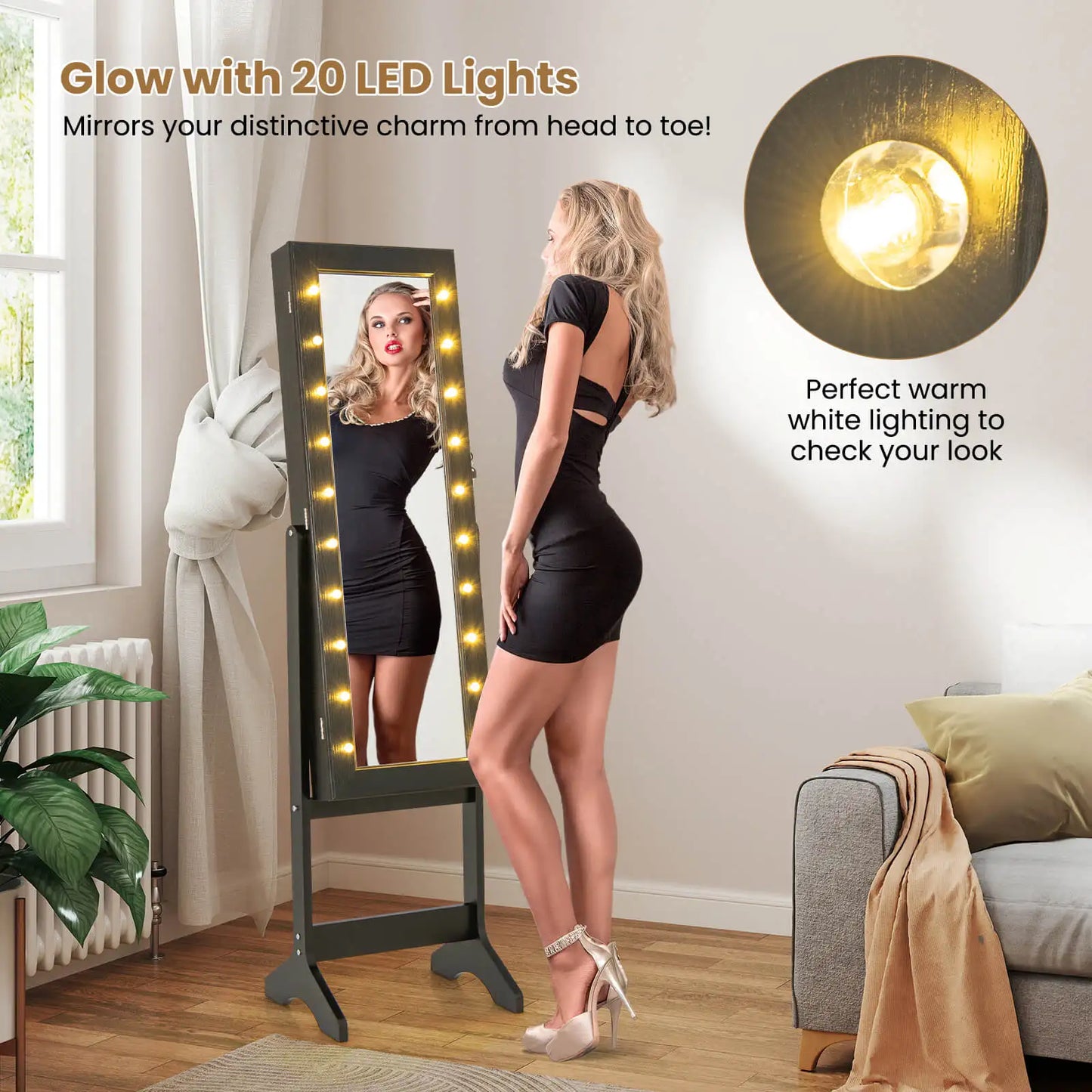 LED Mirror Jewelry Cabinet w/20 LED Lights Full-Length Mirror Adjustable Angles