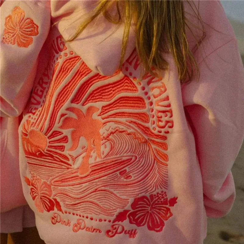 PINK PALM PUFF Street Hoodies Casual Female Sweatshirt Fashion Hoodie Embroidery Oversize Loose New Sweatshirts Autumn Clothing