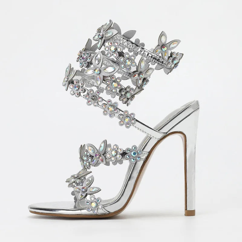Bling Luxury Crystal Butterfly Flowers Decor Women Gladiator Sandals Fashion Summer High Heels Wedding Banquet Shoes Sandalias
