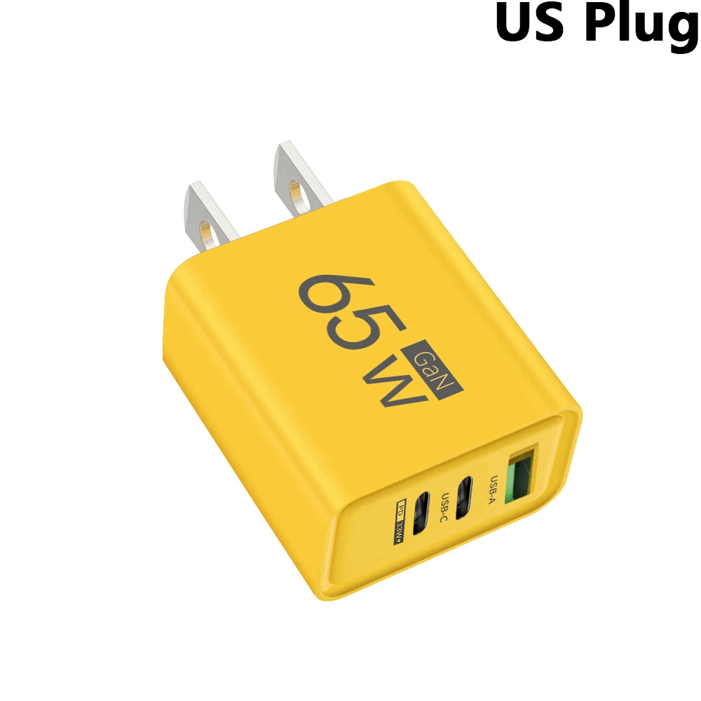 GaN 65W USB C Charger 3 Port PD Quick Charge Wall Plug Adapter For iPhone 15 14 Samsung Xiaomi Huawei EU US Travel Fast Charger