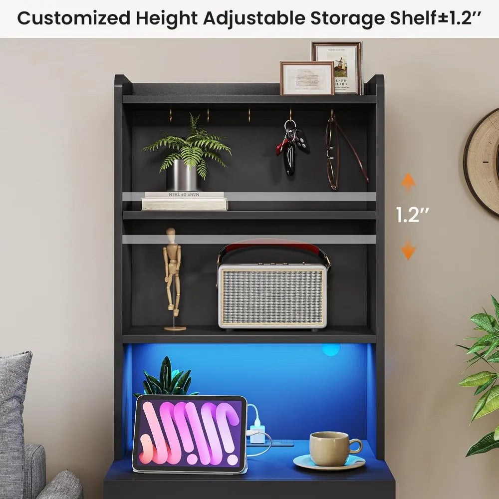 Tall Nightstand with Charging Station and LED Lights, Large Black Night Stand with Bookshelf, Modern LED Bedside Table with 3 D
