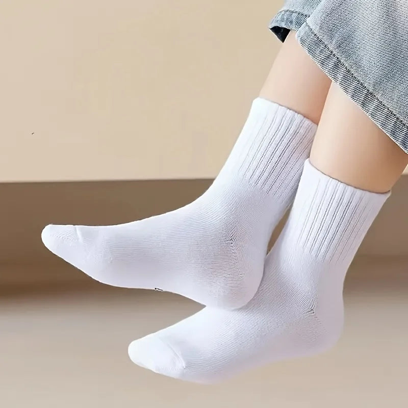 5-piece set of children's black and white solid color mid-calf socks - breathable polyester blend, ribbed texture, comfortable f