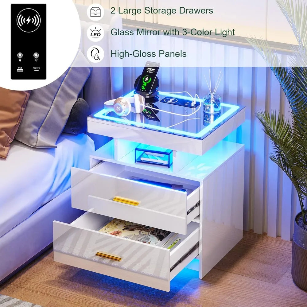 LED Nightstand with Charging Station High Gloss Bedside Table with 2 Drawers, Smart Night Stand with Auto Sensor Lights